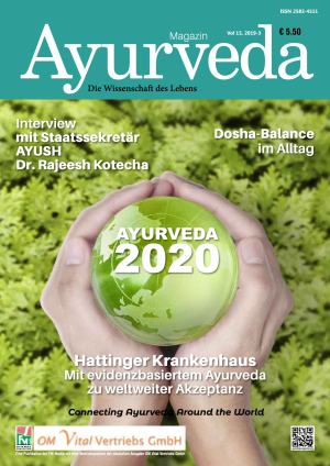 Titelbild des Ayurveda Magazins 2019 3 mit Dosha-Ausgleich und Weltkugel in Händen